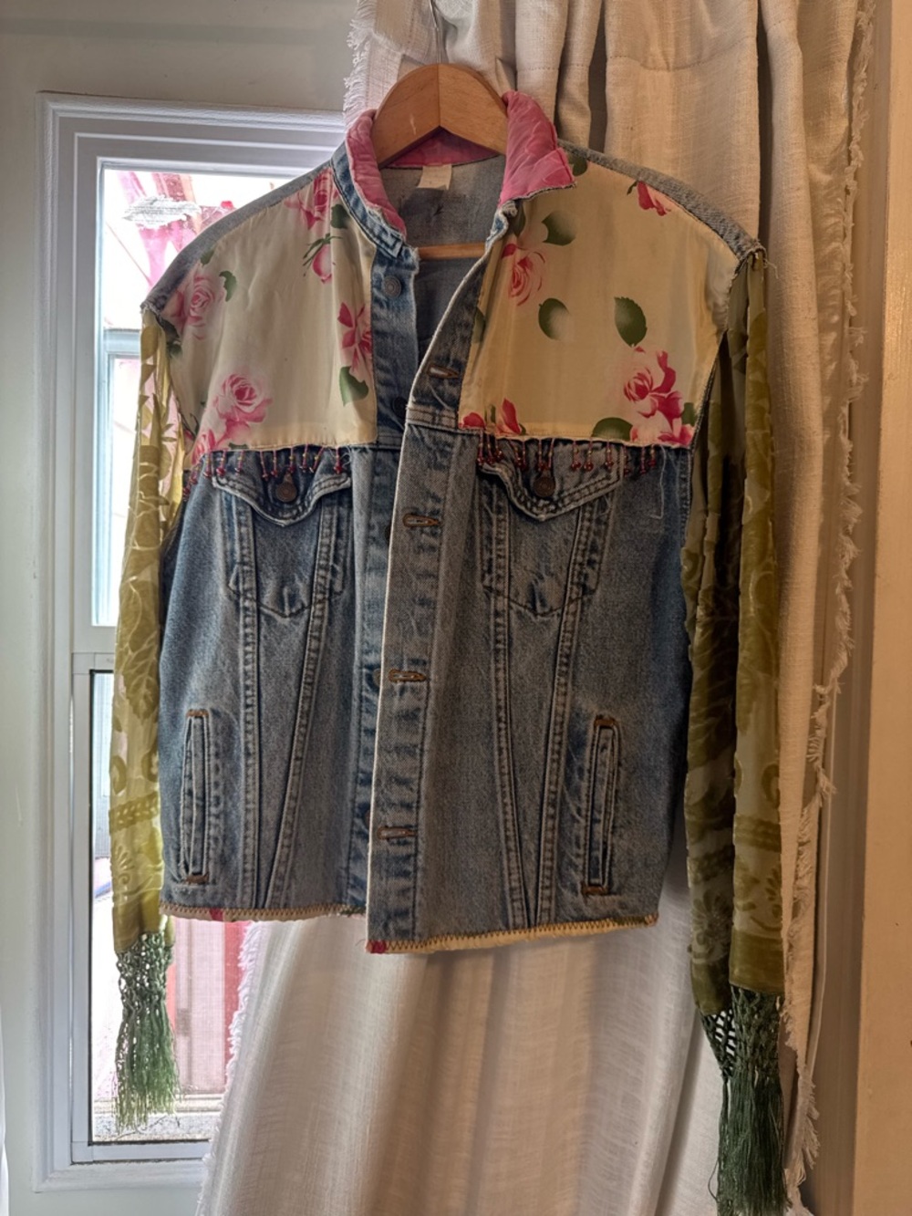 Vintage Upcycled Denim Jacket | Floral Patchwork Fringe